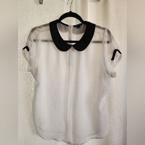 Elegant Sheer White Blouse with Black Collar